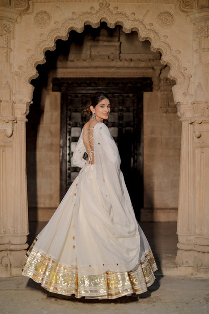 Ivory White Heavy Daman Dupatta Navratri Chaniya Choli